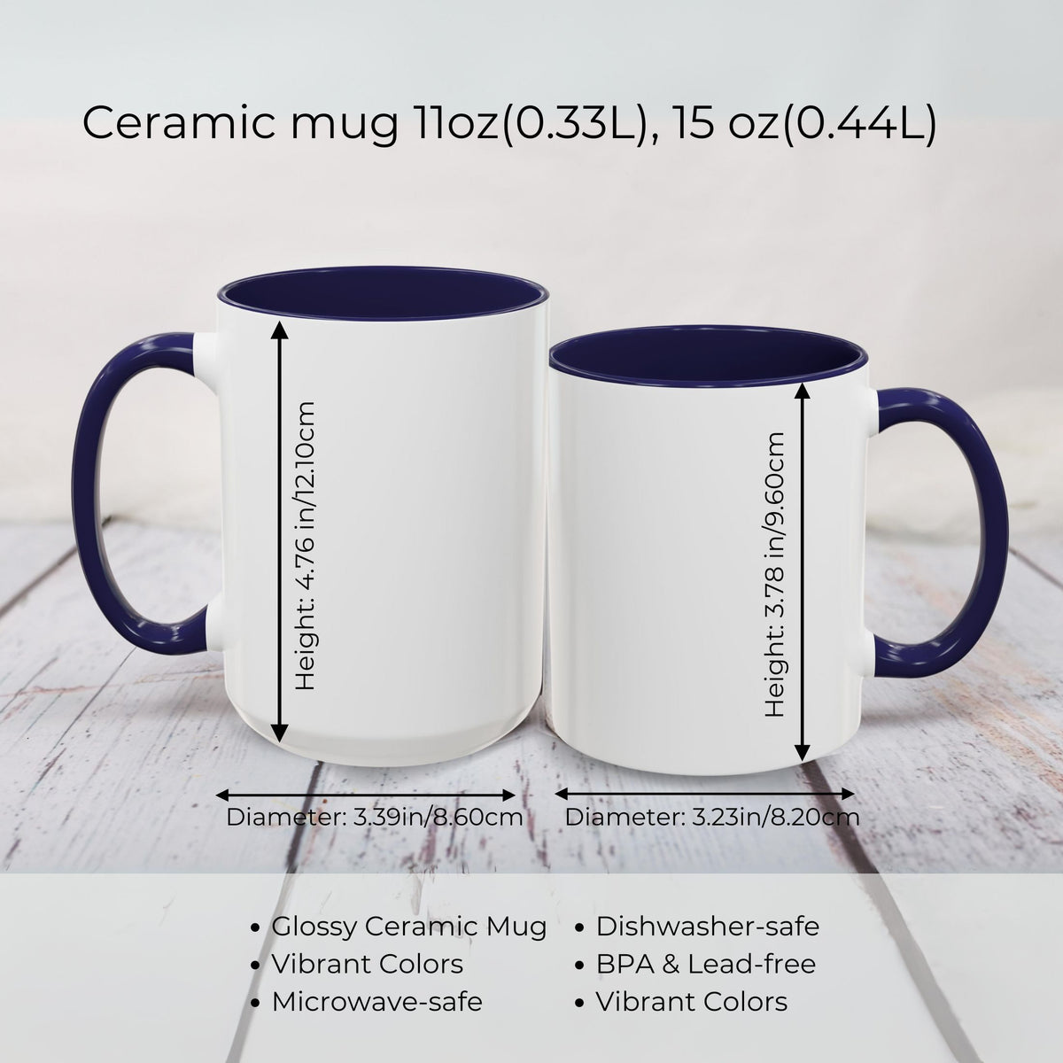 Two ceramic mugs with measurements and product features on a light wooden surface.