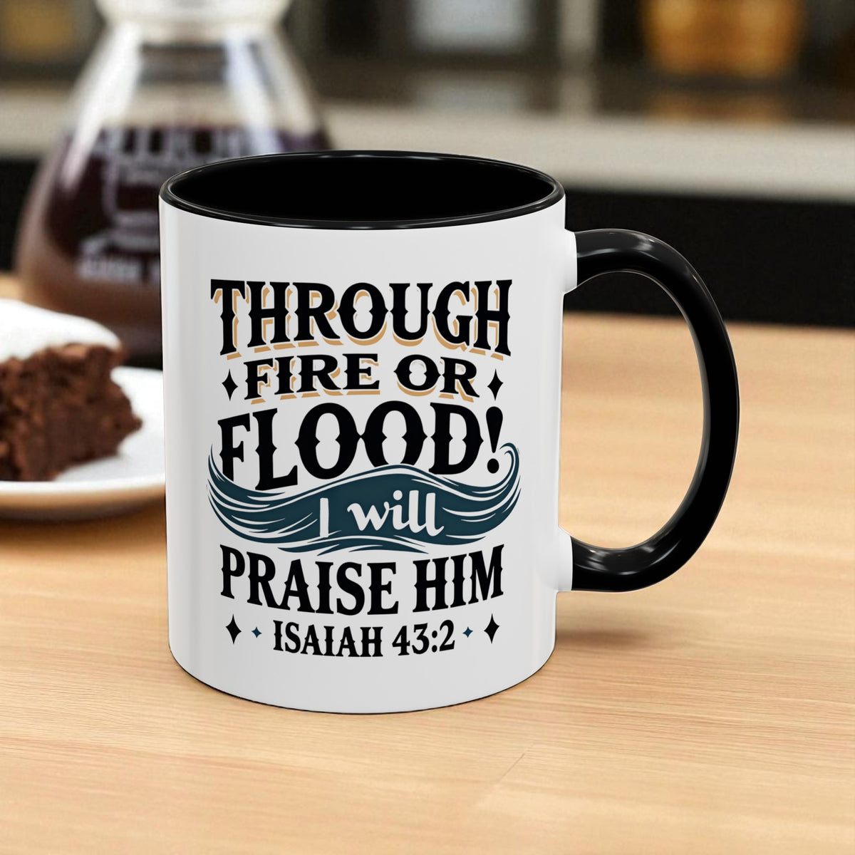 Mug with motivational quote on a wooden table with a blurred background