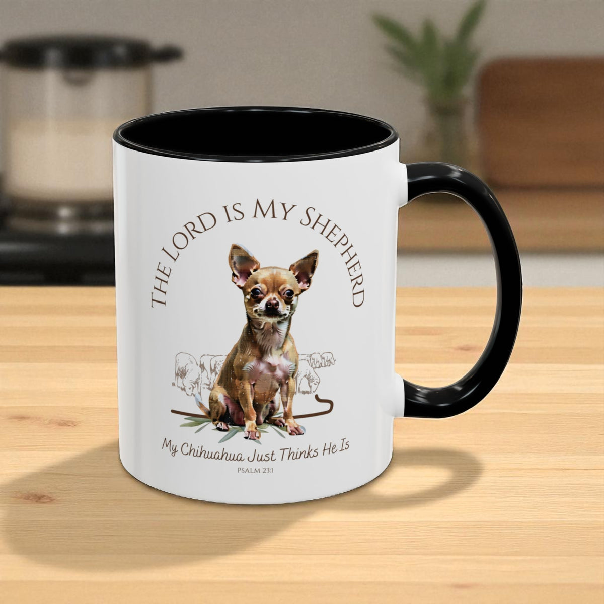 Mug with a Chihuahua illustration and text on a wooden surface