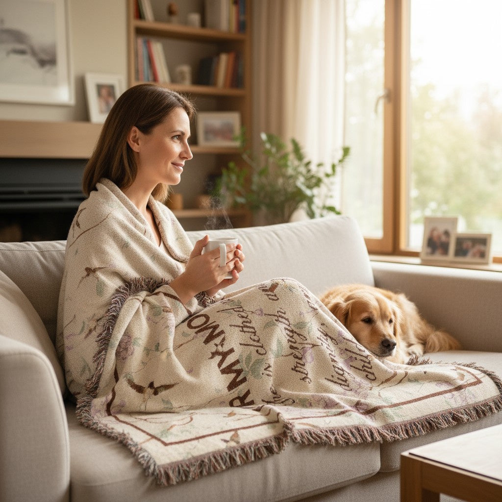 Woman sitting on a couch with a dog, wrapped in a blanket, holding a mug in a cozy living room.