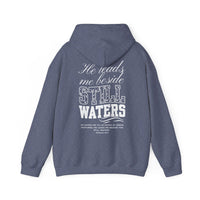 Blue hoodie with text on the back on a white background