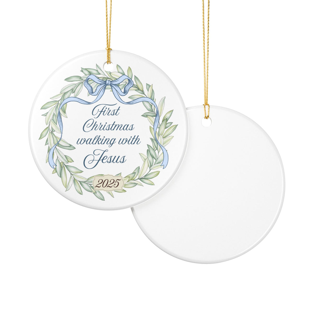 Decorative Christmas ornament with wreath design and text on a white background