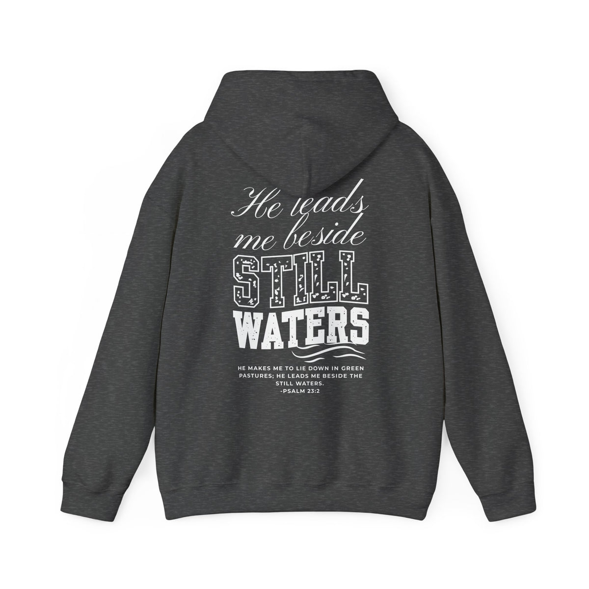 Dark gray hoodie with white text on the back on a white background