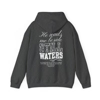Dark gray hoodie with white text on the back on a white background