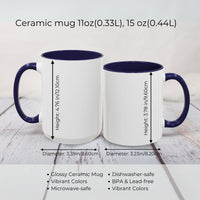 Two ceramic mugs with measurements and product features on a light wooden surface.