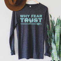 dark grey long-sleeve shirt with motivational text on a white background with a plant and hat.