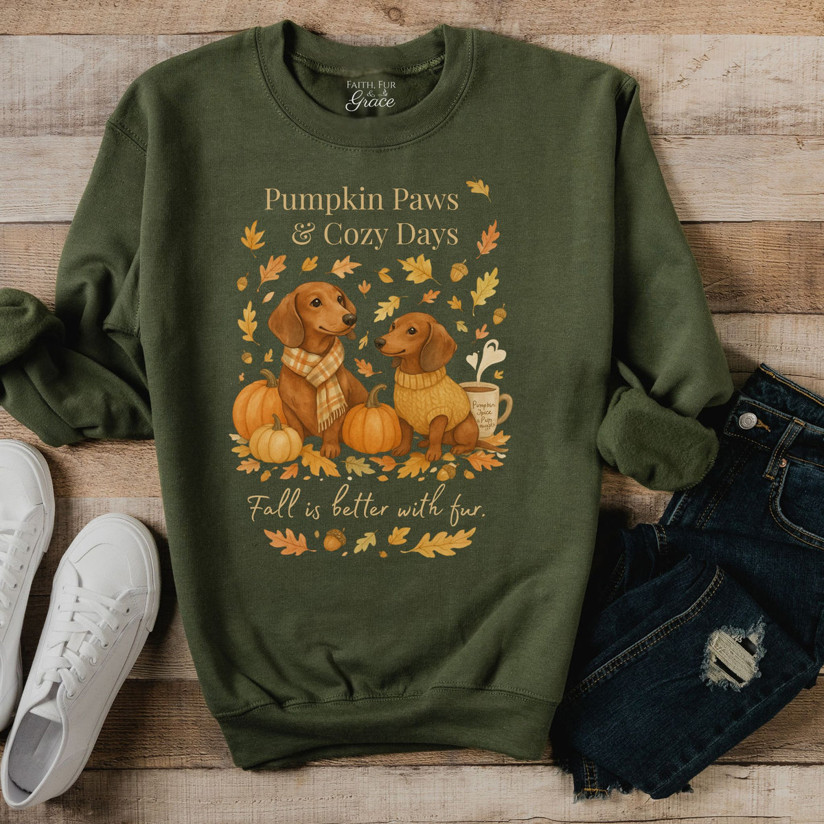 Green sweatshirt with dog illustration and text on a wooden surface with shoes and jeans.
