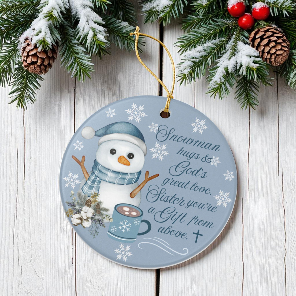 Decorative Christmas ornament with a snowman design on a wooden background.