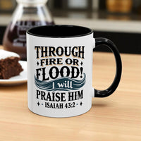 Mug with motivational quote on a wooden table with a blurred background