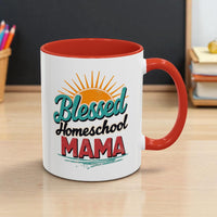 Mug with 'Blessed Homeschool Mama' text on a wooden table
