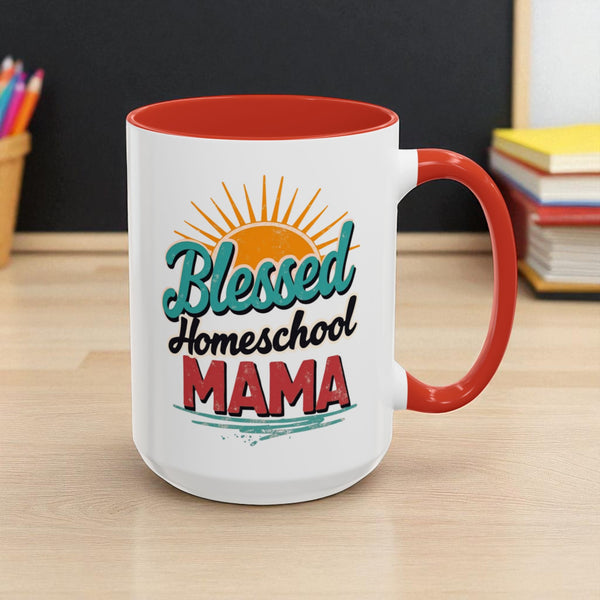 White mug with red interior and handle, featuring 'Blessed Homeschool Mama' text on a wooden surface.