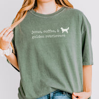 Jesus, Coffee, & Golden Retrievers Comfort Colors Tee