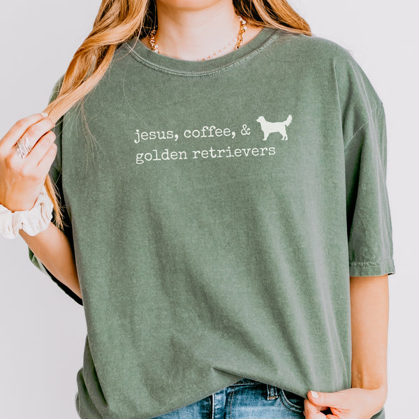 Jesus, Coffee, & Golden Retrievers Comfort Colors Tee