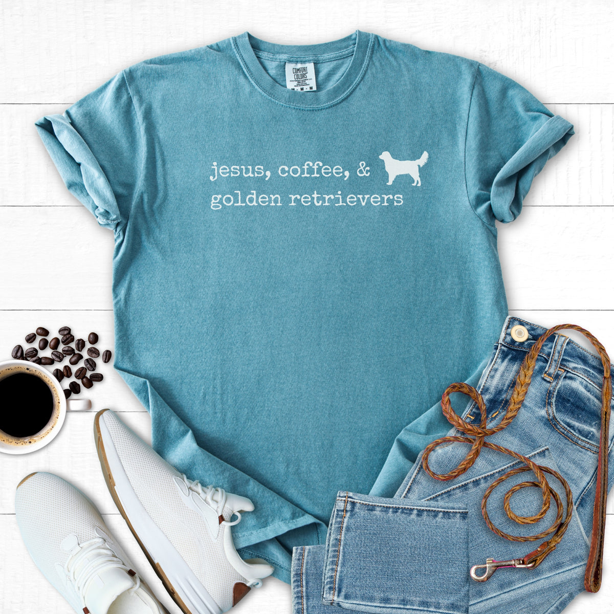 Jesus, Coffee, & Golden Retrievers Comfort Colors Tee