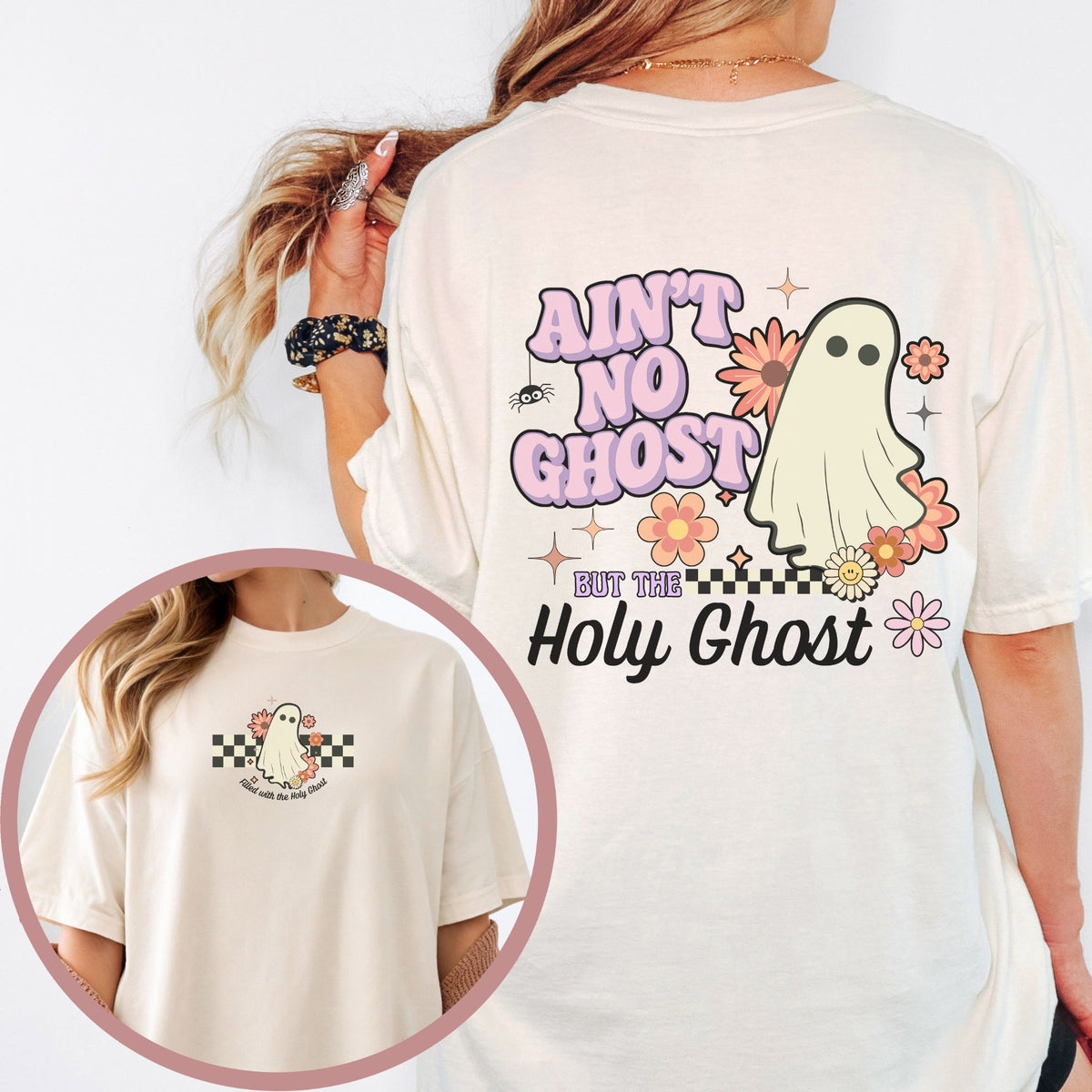 White t-shirt with ghost and floral design on a white background