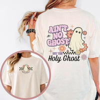 White t-shirt with ghost and floral design on a white background