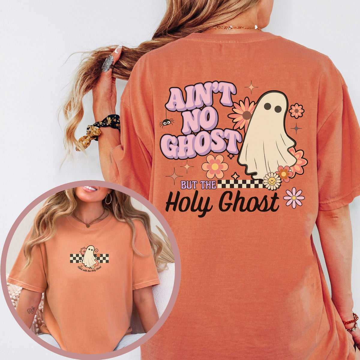 Orange t-shirt with ghost graphic and text on a white background