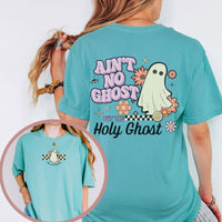 Teal t-shirt with ghost graphic and text on a white background