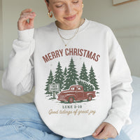 Person wearing a white sweatshirt with Christmas design and text
