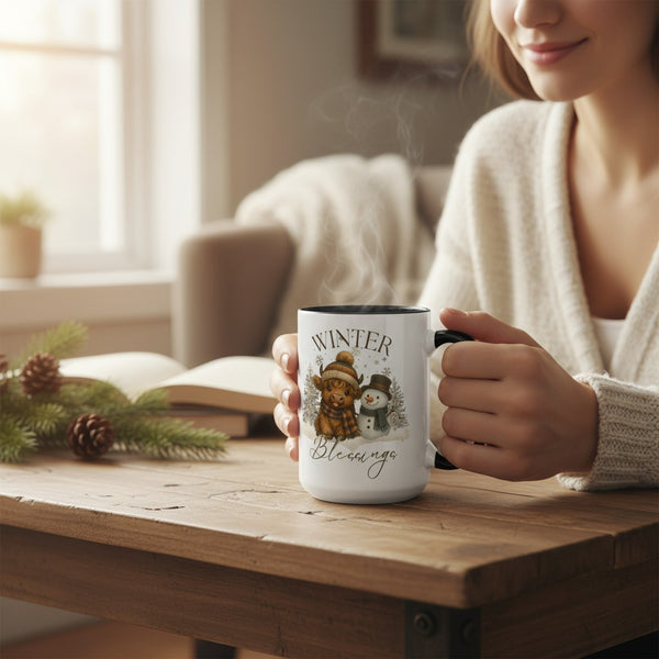 Cute Highland Cow & Snowman Accent Mug - Winter Blessings