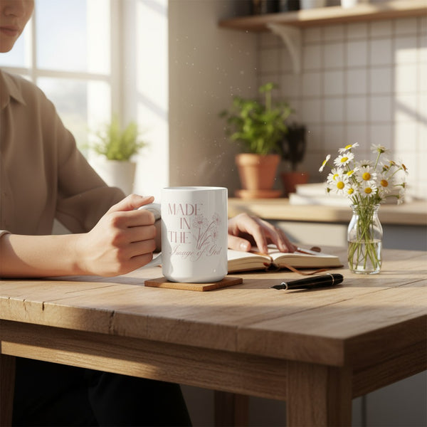 Person holding a mug with text on a wooden table in a bright kitchen.