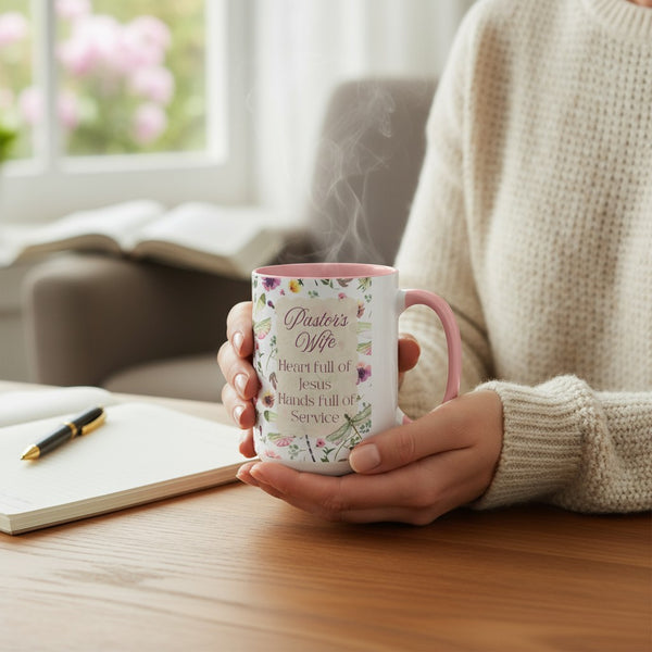 Pastor's Wife Floral Accent Coffee Mug - "Heart Full of Jesus, Hands Full of Service"