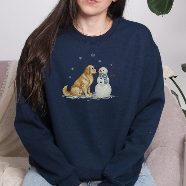 GOLDEN RETRIEVER AND SNOWMAN FAUX EMBROIDERY SWEATSHIRT