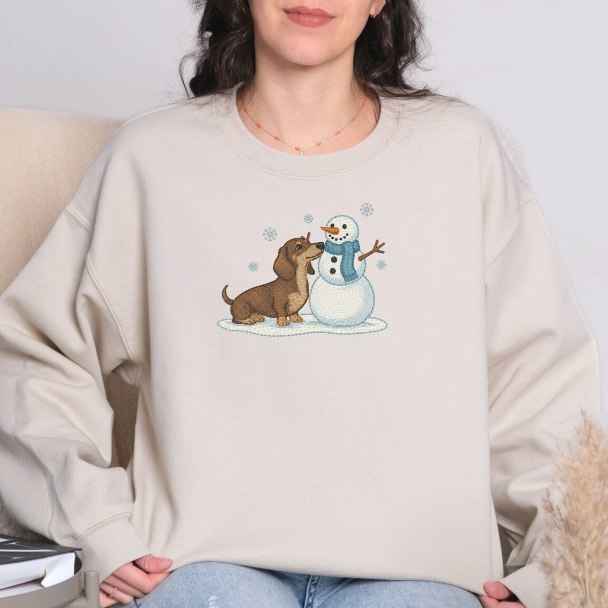 DACHSHUND & SNOWMAN FAUX EMBROIDERY SWEATSHIRT