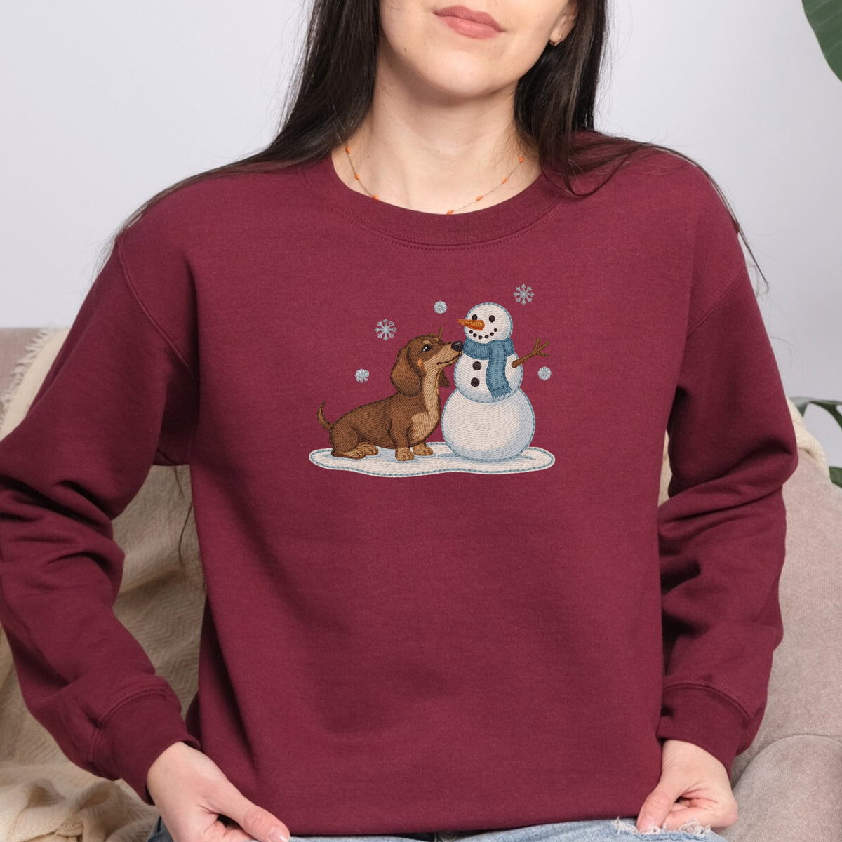 DACHSHUND & SNOWMAN FAUX EMBROIDERY SWEATSHIRT