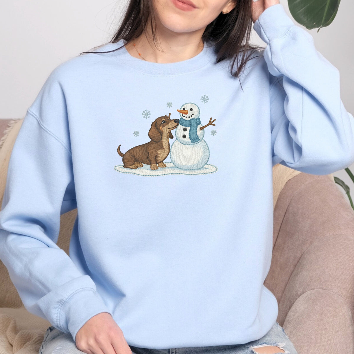 DACHSHUND & SNOWMAN FAUX EMBROIDERY SWEATSHIRT