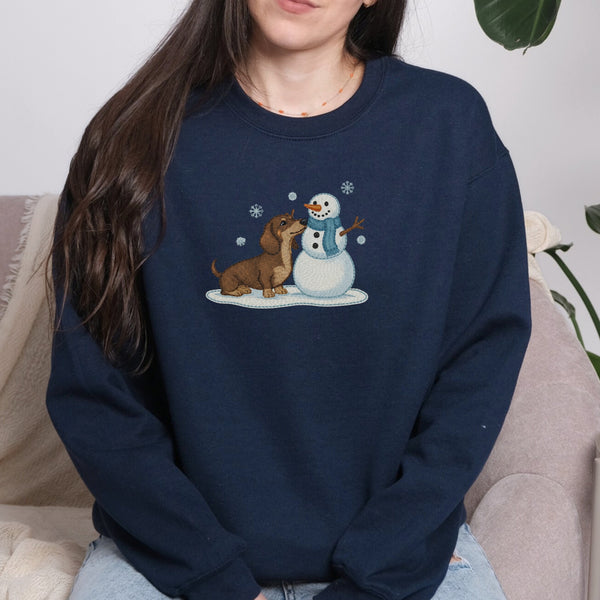 DACHSHUND & SNOWMAN FAUX EMBROIDERY SWEATSHIRT