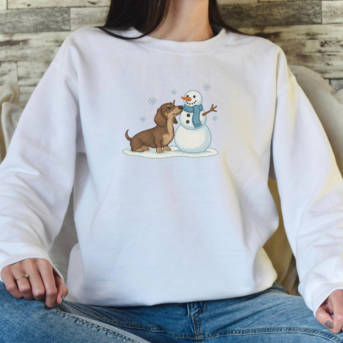 DACHSHUND & SNOWMAN FAUX EMBROIDERY SWEATSHIRT