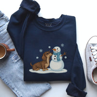 DACHSHUND & SNOWMAN FAUX EMBROIDERY SWEATSHIRT