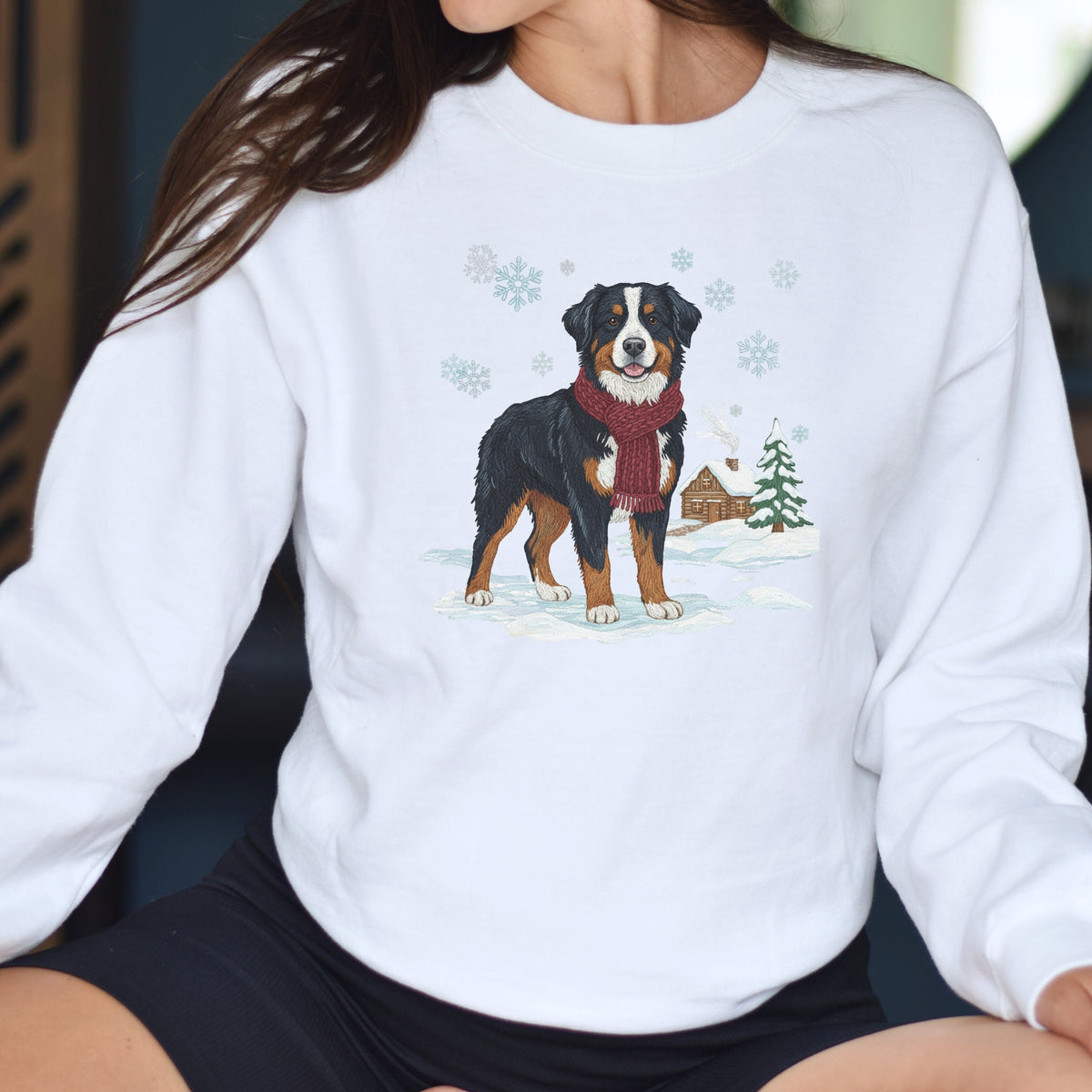 BERNESE MOUNTAIN DOG WINTER FAUX EMBROIDERED SWEATSHIRT
