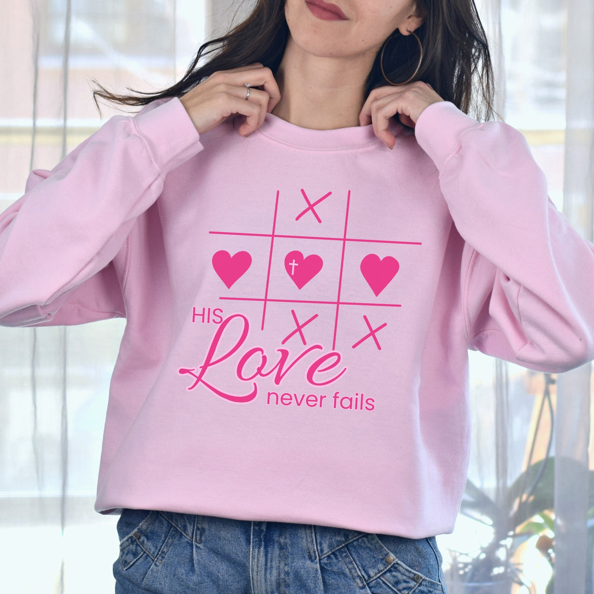 HIS LOVE NEVER FAILS TIC TAC TOE SWEATSHIRT
