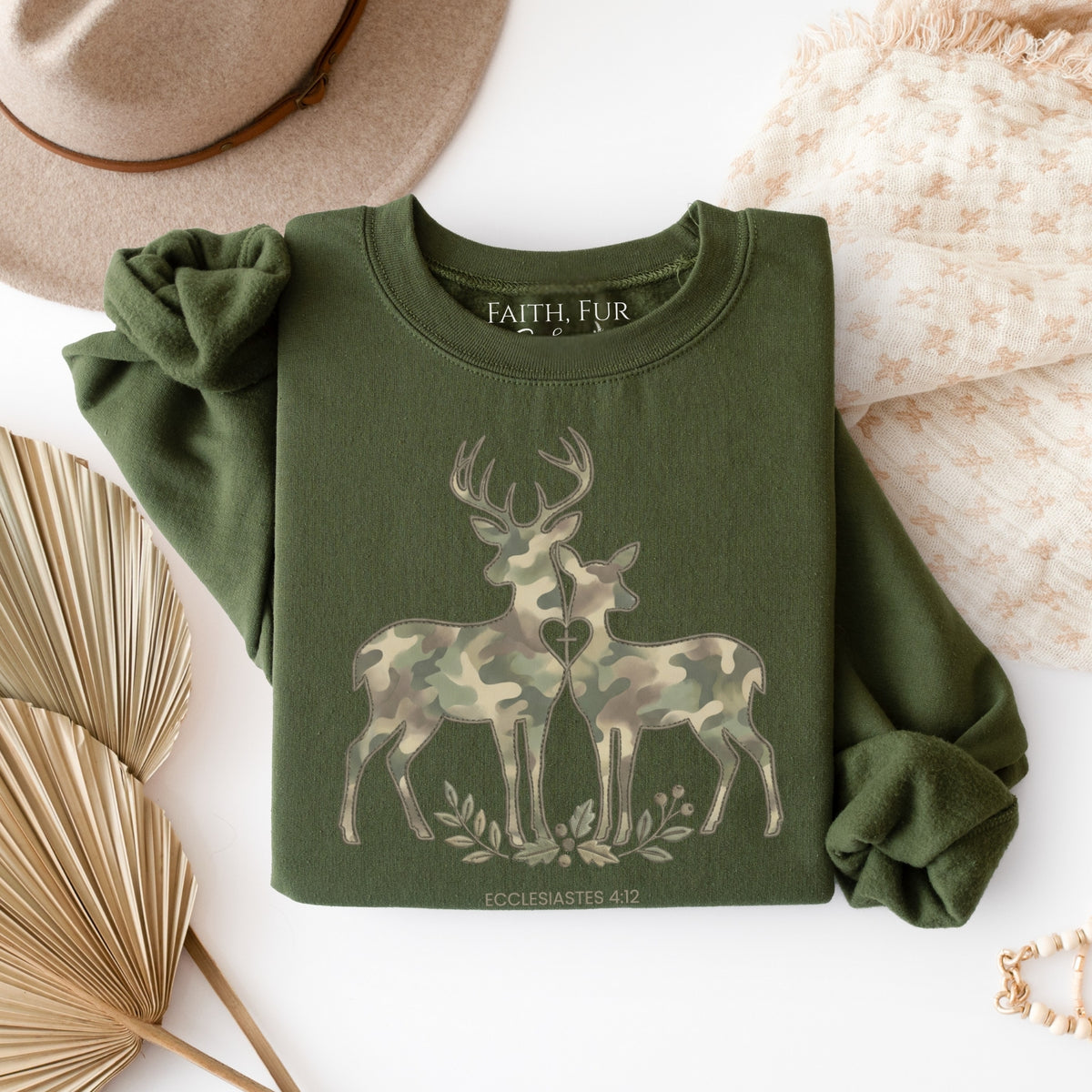 FAUX EMBROIDERED CAMO DEER SWEATSHIRT