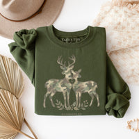 FAUX EMBROIDERED CAMO DEER SWEATSHIRT