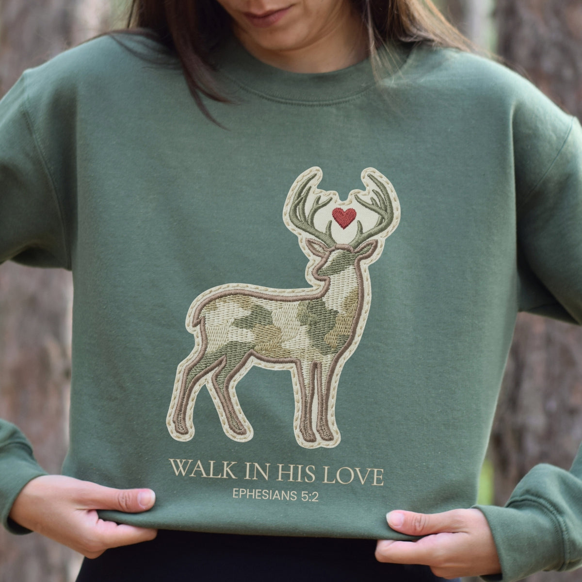 FAUX EMBROIDERED CAMO DEER SWEATSHIRT - WALK IN HIS LOVE