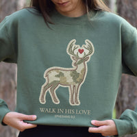FAUX EMBROIDERED CAMO DEER SWEATSHIRT - WALK IN HIS LOVE