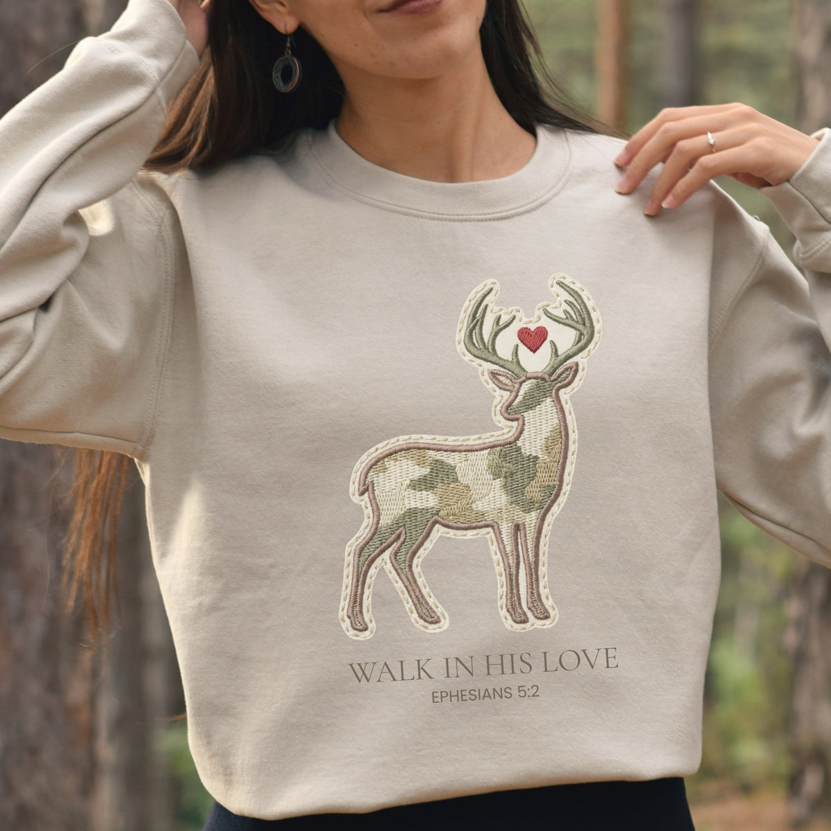 FAUX EMBROIDERED CAMO DEER SWEATSHIRT - WALK IN HIS LOVE