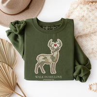 FAUX EMBROIDERED CAMO DEER SWEATSHIRT - WALK IN HIS LOVE