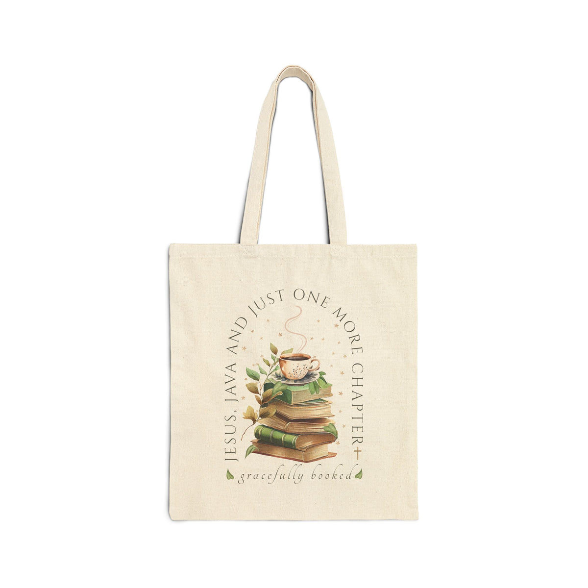 Beige tote bag with book and coffee design on a white background