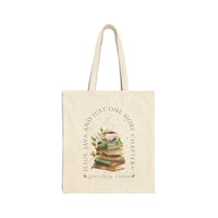 Beige tote bag with book and coffee design on a white background