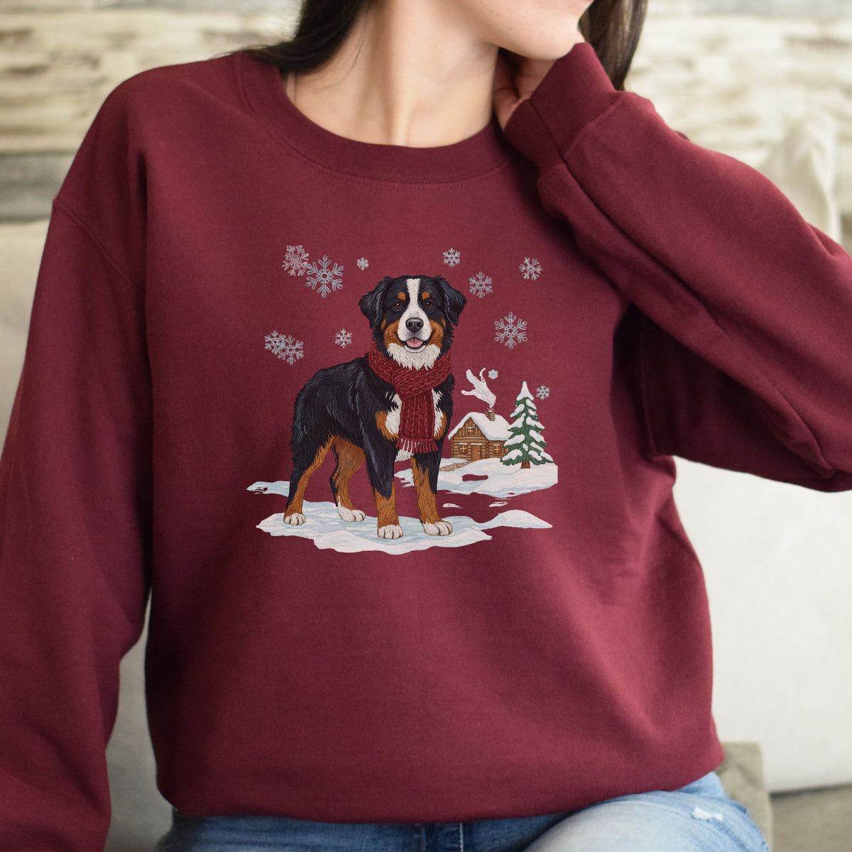 BERNESE MOUNTAIN DOG WINTER FAUX EMBROIDERED SWEATSHIRT