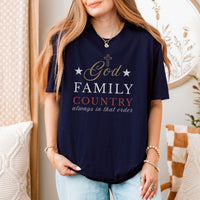 Person wearing a navy blue t-shirt with 'God Family Country always in that order' text.
