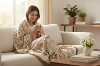Woman sitting on a couch wrapped in a floral blanket, holding a mug in a cozy living room.