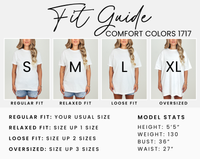 Fit guide for comfort colors 1717 with different shirt fits on a white background