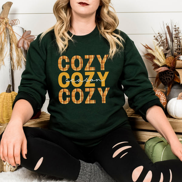 Person wearing a green sweatshirt with 'COZY COZY COZY' text in a fall-themed setting.